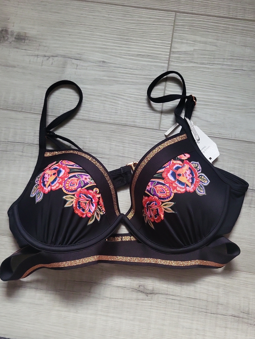 Time and Tru Black Bikkini Topwith Pink & Orange Floral Embroidery and Gold Trim